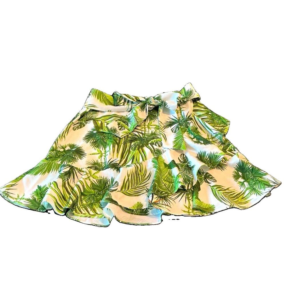 Lea & Viola Botanical Tropical Leaf Mini Ruffle Tie Skirt White/Green Side Zip